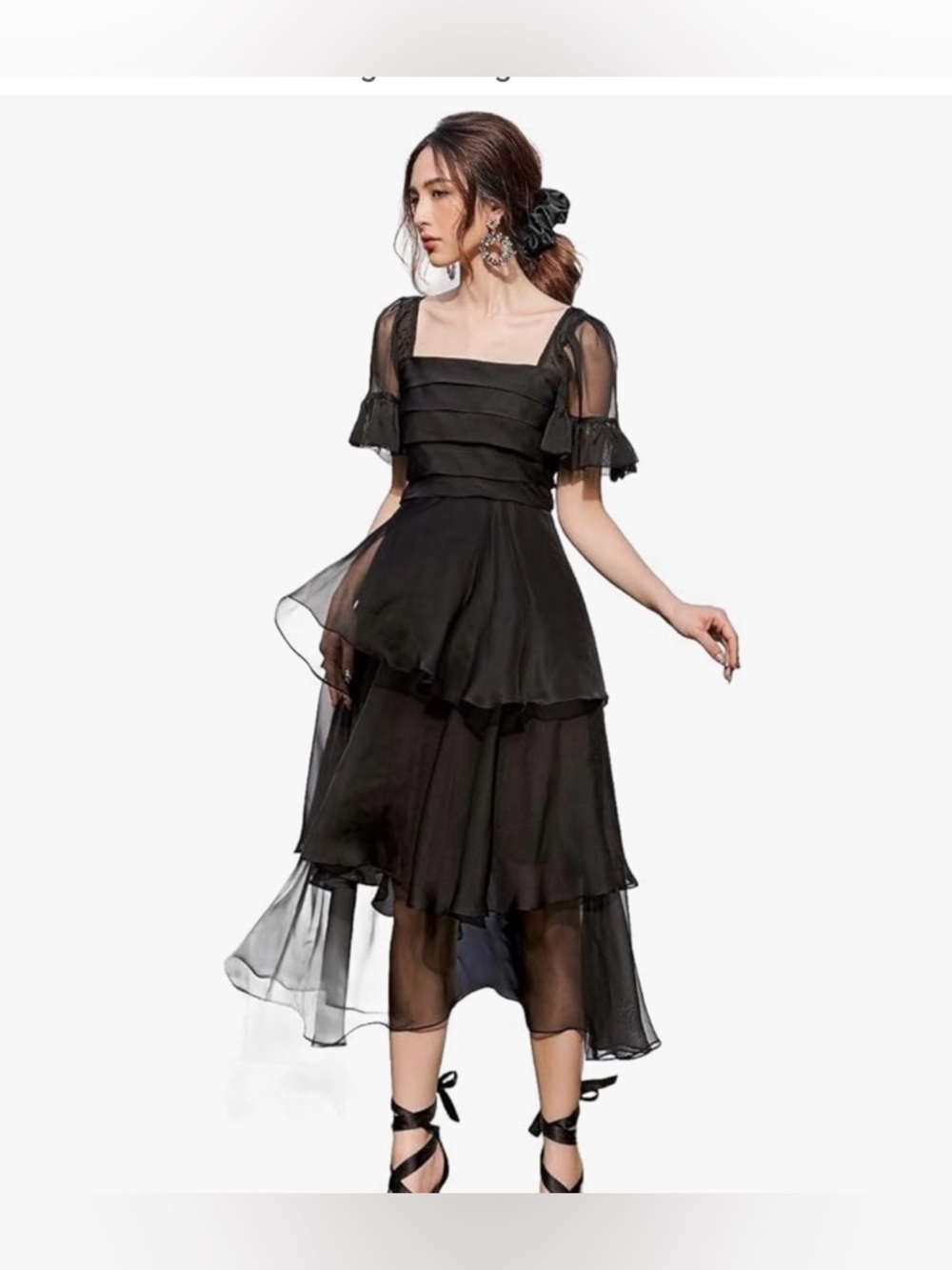 Organza Elegant Black Tiered Midi Dress with Sheer Sleeves